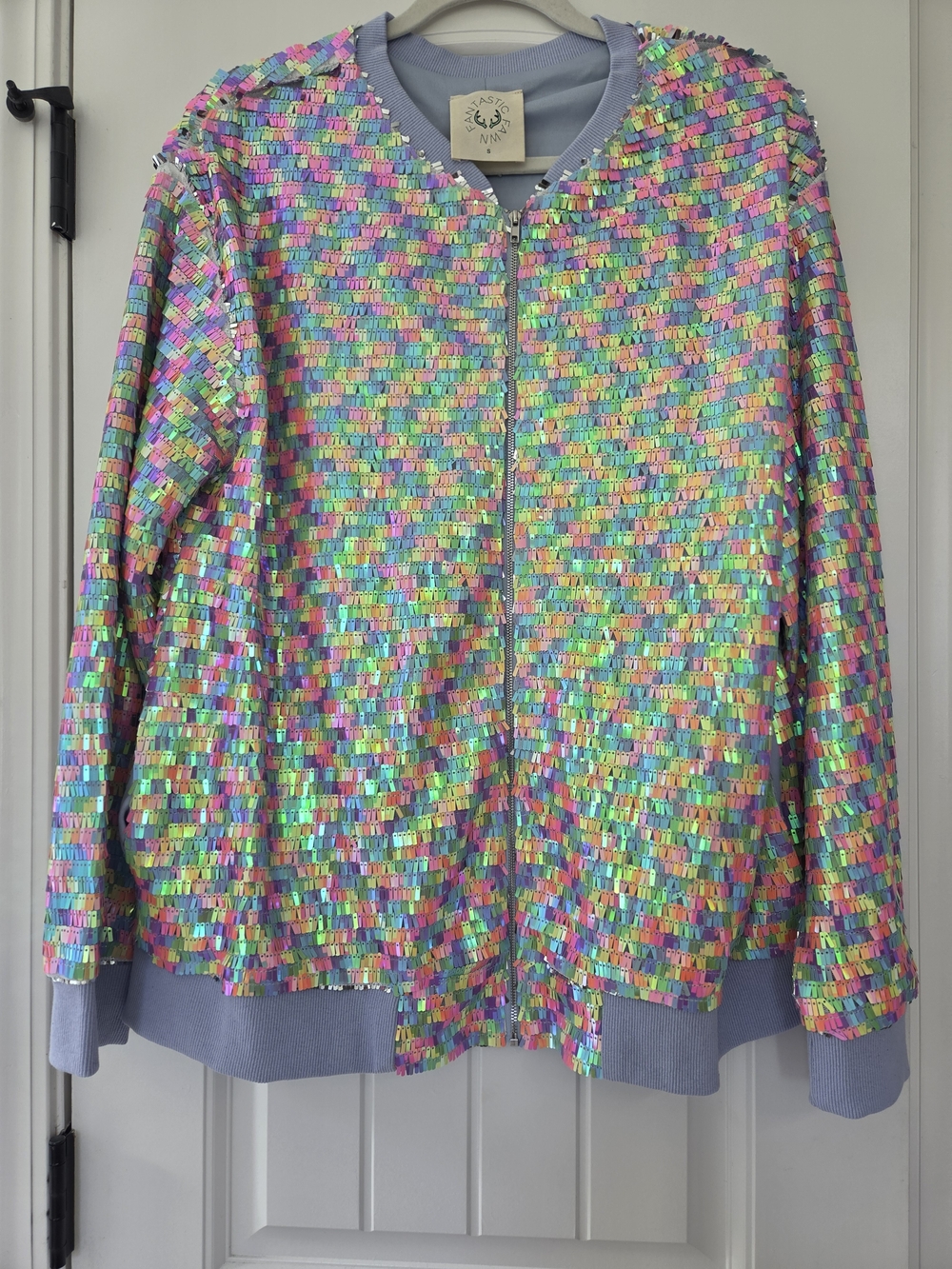 Fantastic Fawn Rainbow Iridescent Sequin Bomber Jacket Size Small